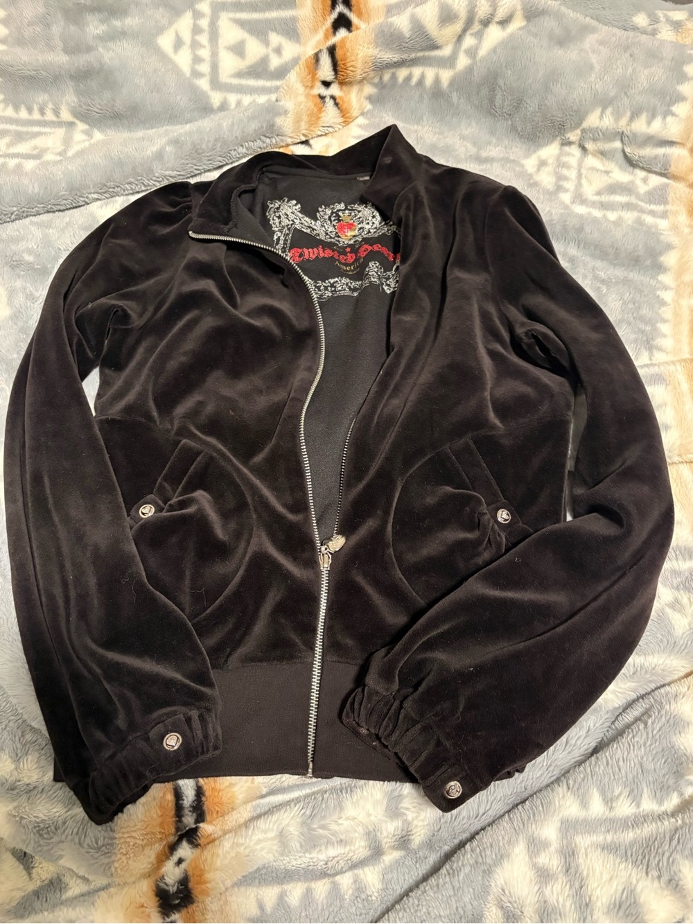 TWISTED HEART Black Velour Zip-Up Jacket with Embroidered Back Accent